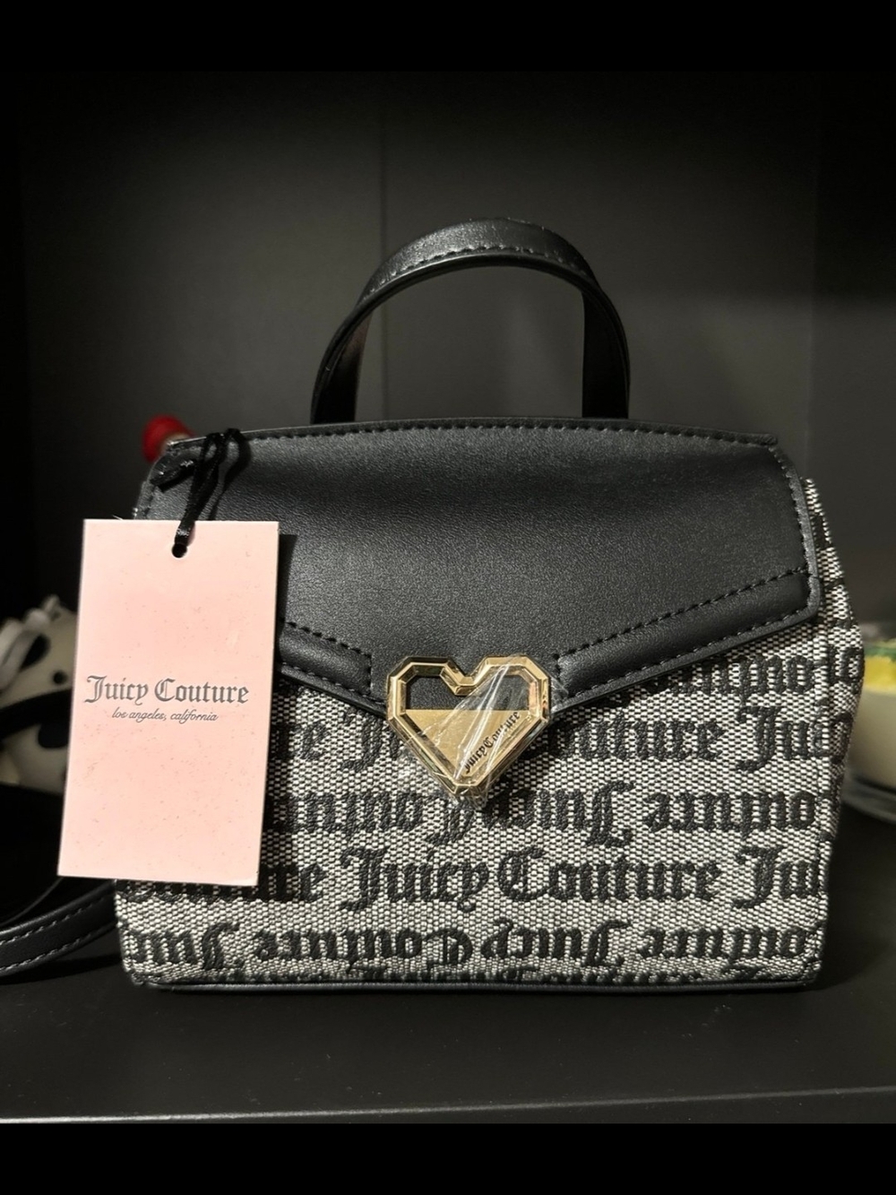 Juicy Couture Black and White Logo Mini Satchel with Gold Heart Clasp